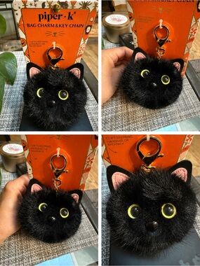 Piper Black Fuzzy Cat 🐈‍⬛Pom Bag Charm with Yellow Eyes🎃Halloween Fun